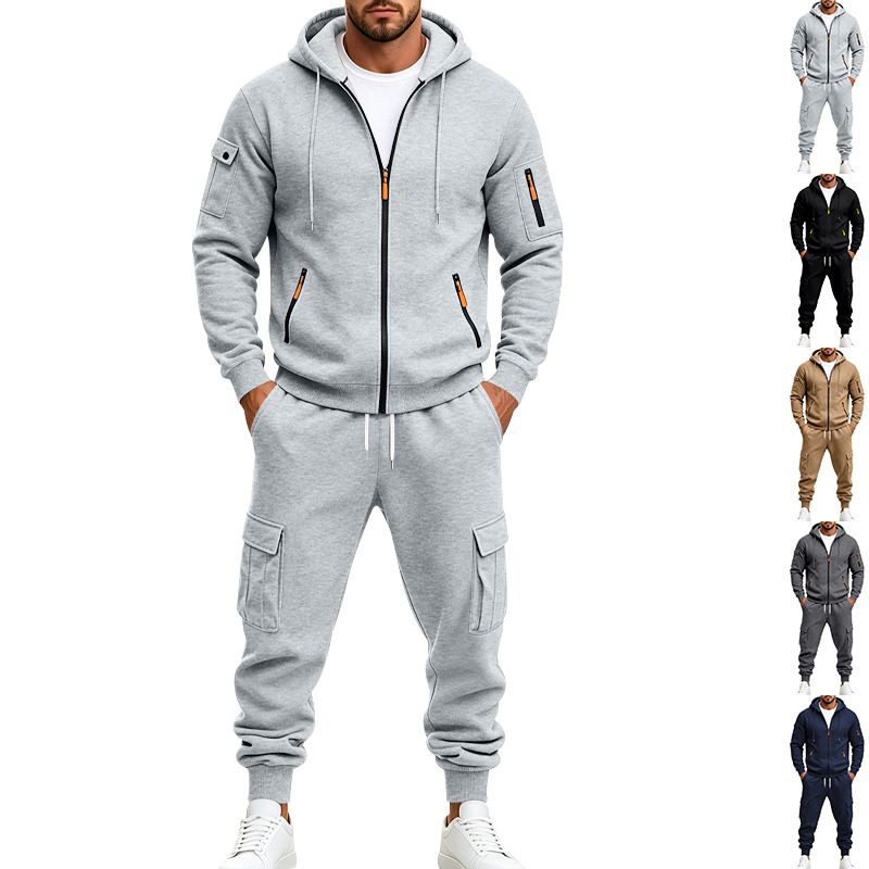 Joggers Pants - ชุดเซ็ตฮู้ดดี้ซิปเต็มตัวสำหรับผู้ชาย พร้อมกางเกงจ็อกเกอร์ทรงคาร์โก้ มีกระเป๋าหลายช่อง ชุดกีฬา 2 ชิ้น